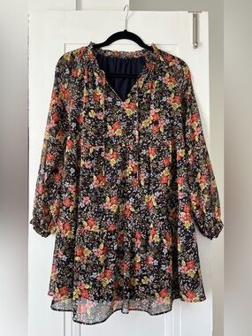 LOFT Black Floral Long Sleeve Tiered Dress